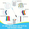 A collection of various metal and plastic straws, including glass, silicone, and reusable plastic straws, shown with a long b