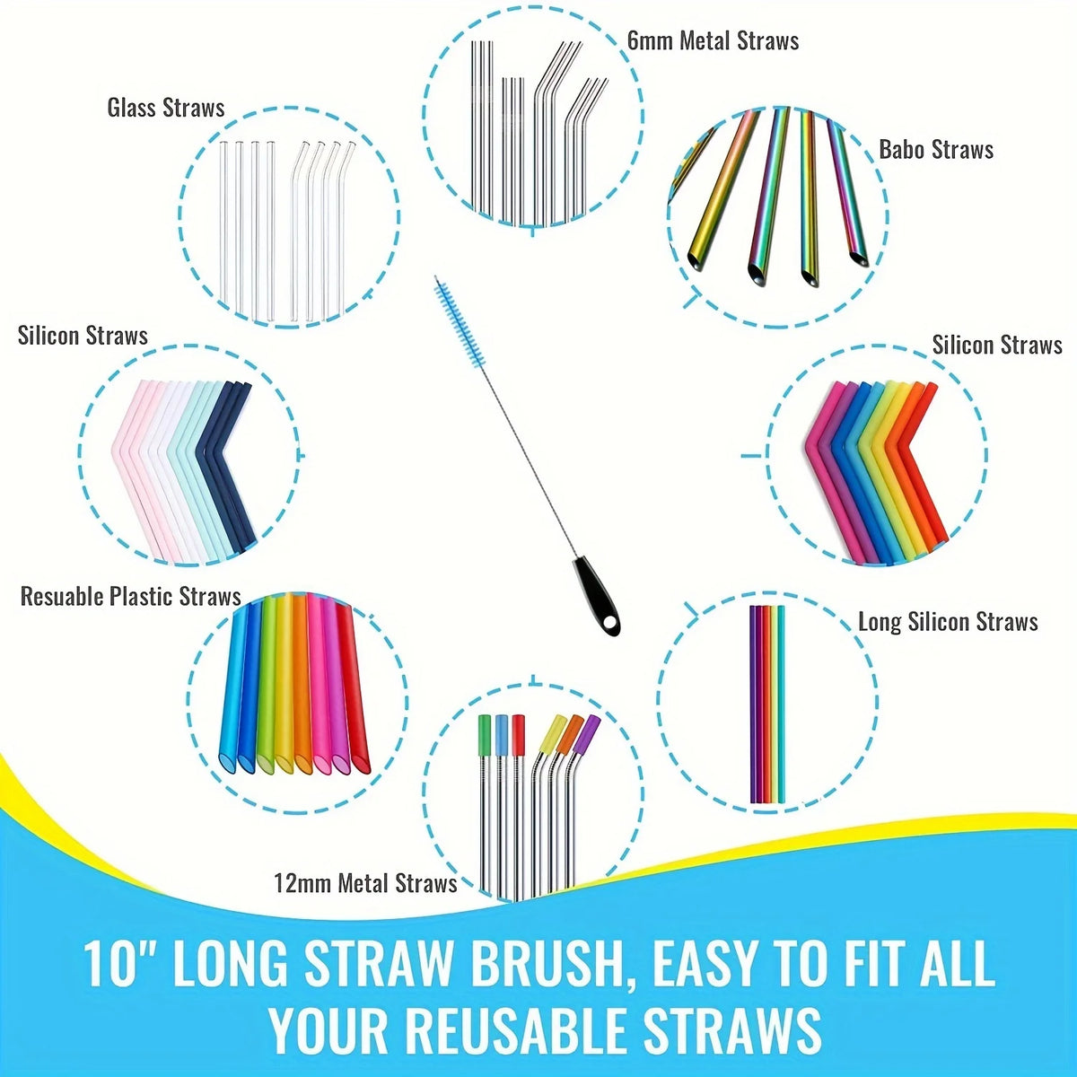 A collection of various metal and plastic straws, including glass, silicone, and reusable plastic straws, shown with a long b