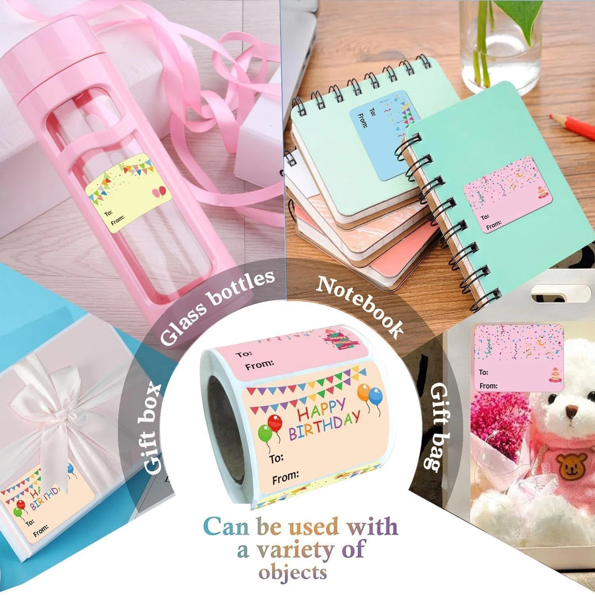A variety of round adhesive gift tags are shown alongside a glass bottle, notebook, and gift bag.