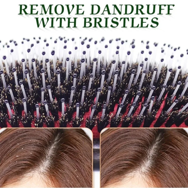A close-up of a black hair brush with natural wood boar bristles used for detangling and scalp massage.