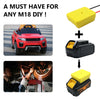 A yellow power tool battery adapter with a fuse and switch is shown next to a red car.