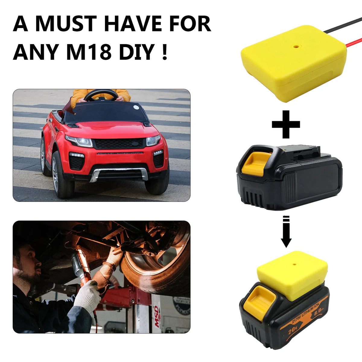A yellow power tool battery adapter with a fuse and switch is shown next to a red car.