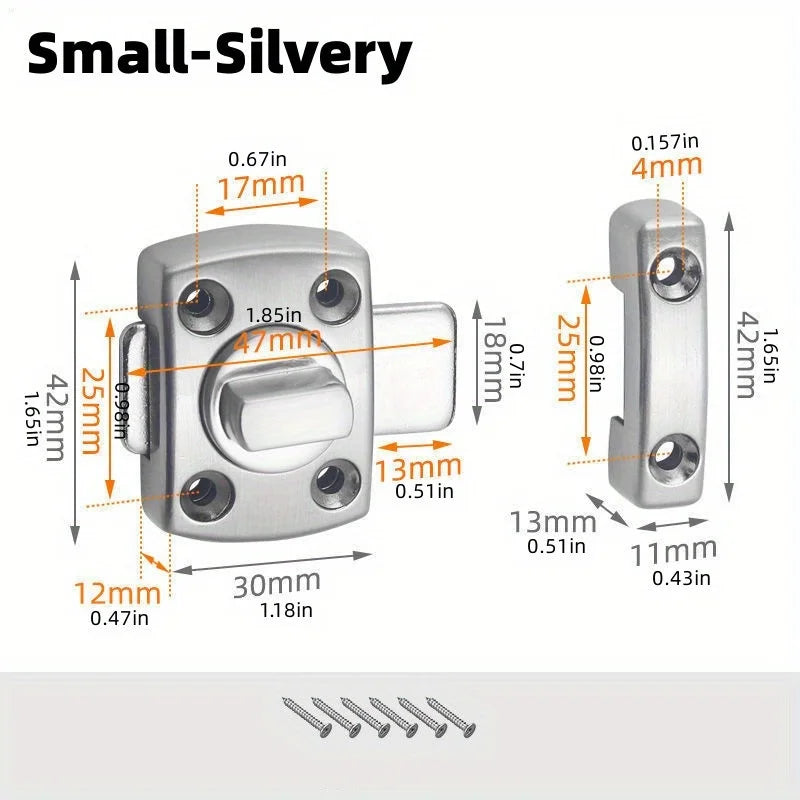 A small silvery heavy-duty swivel bolt door lock with various dimensions shown.