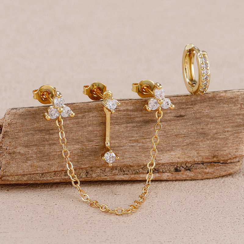 Double-Hole Link Chain Earrings with Green Zircon