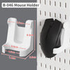 White B-046 mouse holder designed to secure a computer mouse on a pegboard organizer.