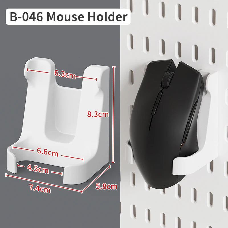 White B-046 mouse holder designed to secure a computer mouse on a pegboard organizer.