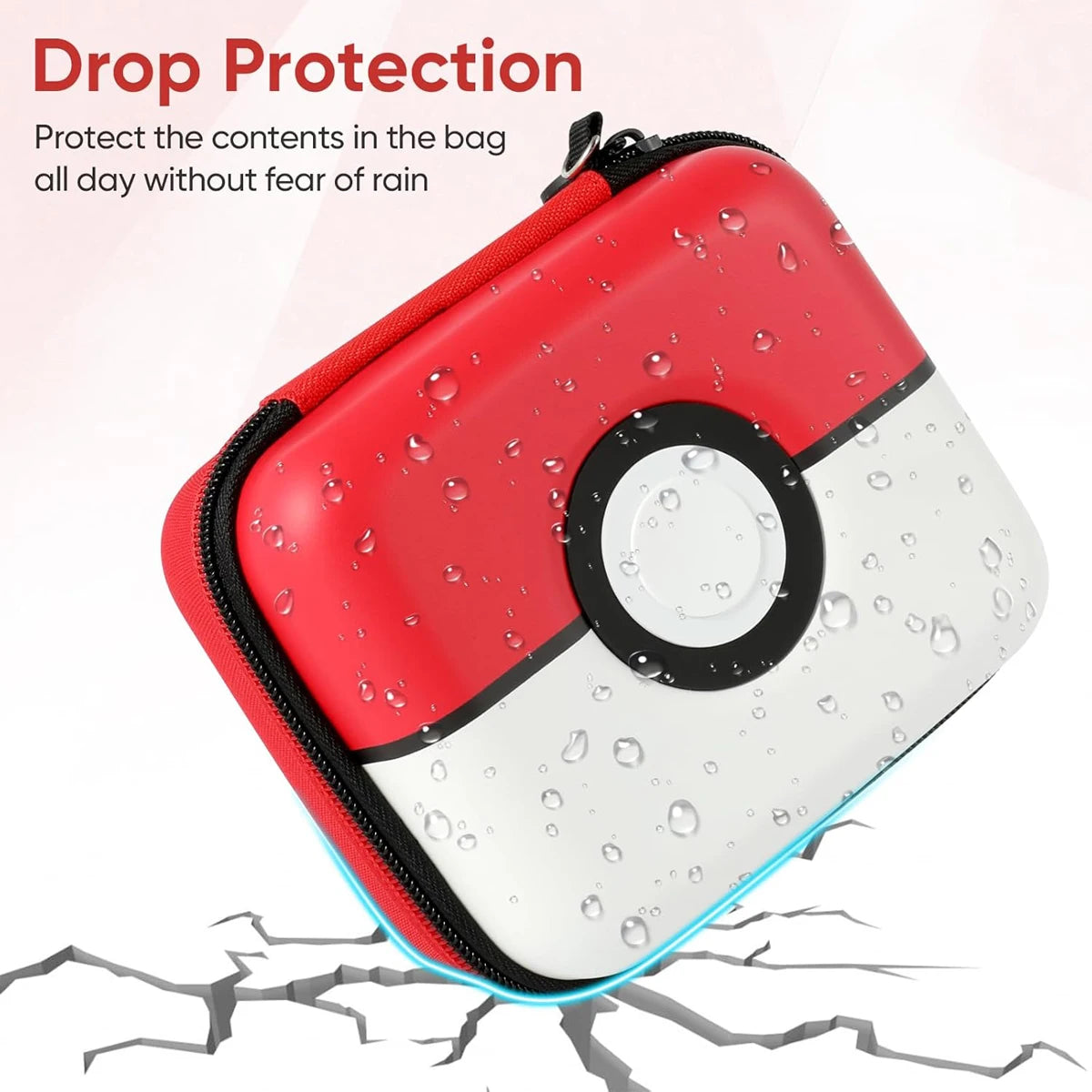 A red and white hard-shell trading card storage box is shown with water droplets on it, demonstrating drop protection.