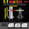 A close-up view of a 1:1 mini size LED headlight bulb replacement and installation instructions.