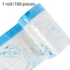 A roll of clear plastic drawstring trash bags with light blue accents and cute cloud designs.