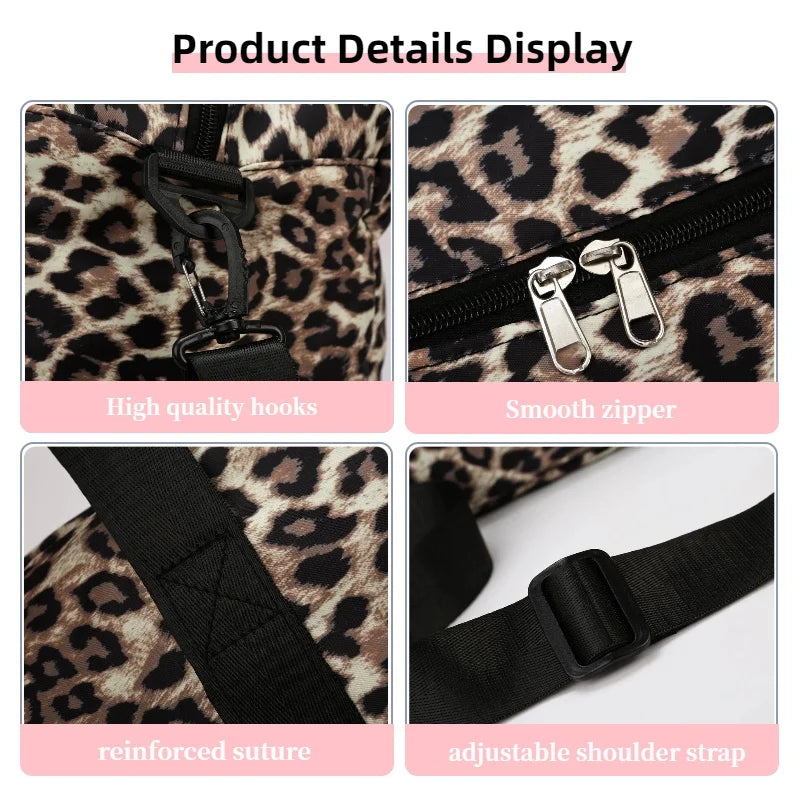 Display of a leopard print travel and gym duffel bag showing high-quality hooks, smooth zipper, reinforced stitch, and an acc