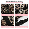 Display of a leopard print travel and gym duffel bag showing high-quality hooks, smooth zipper, reinforced suture, and an acc