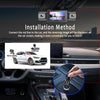 Installation method showing a rear camera connected to a car screen for reversing view.