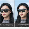 Two images showing polarized clip-on sunglasses with UV400 protection, demonstrating separate use and wear with prescription 