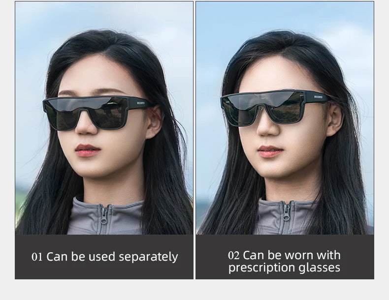 Two images showing polarized clip-on sunglasses with UV400 protection, demonstrating separate use and wear with prescription 