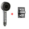 A handheld shower head and a mounting plate with a shower head component, plus sign indicating combination.