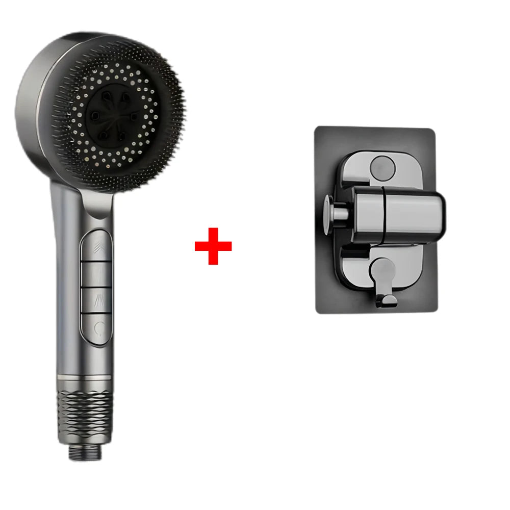 A handheld shower head and a mounting plate with a shower head component, plus sign indicating combination.