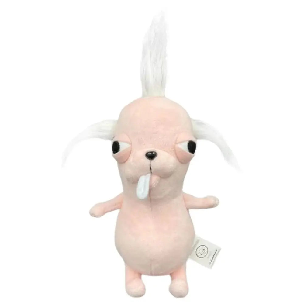 A light pink plush chihuahua dog with white hair and a tongue sticking out.