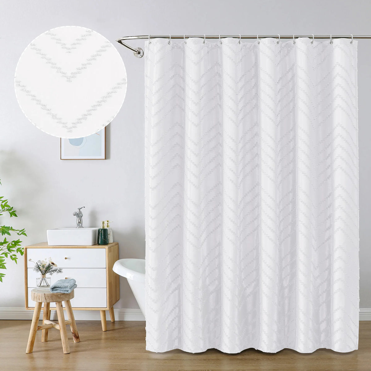 White boho waterproof shower curtain with a subtle chevron pattern hanging on a rod.
