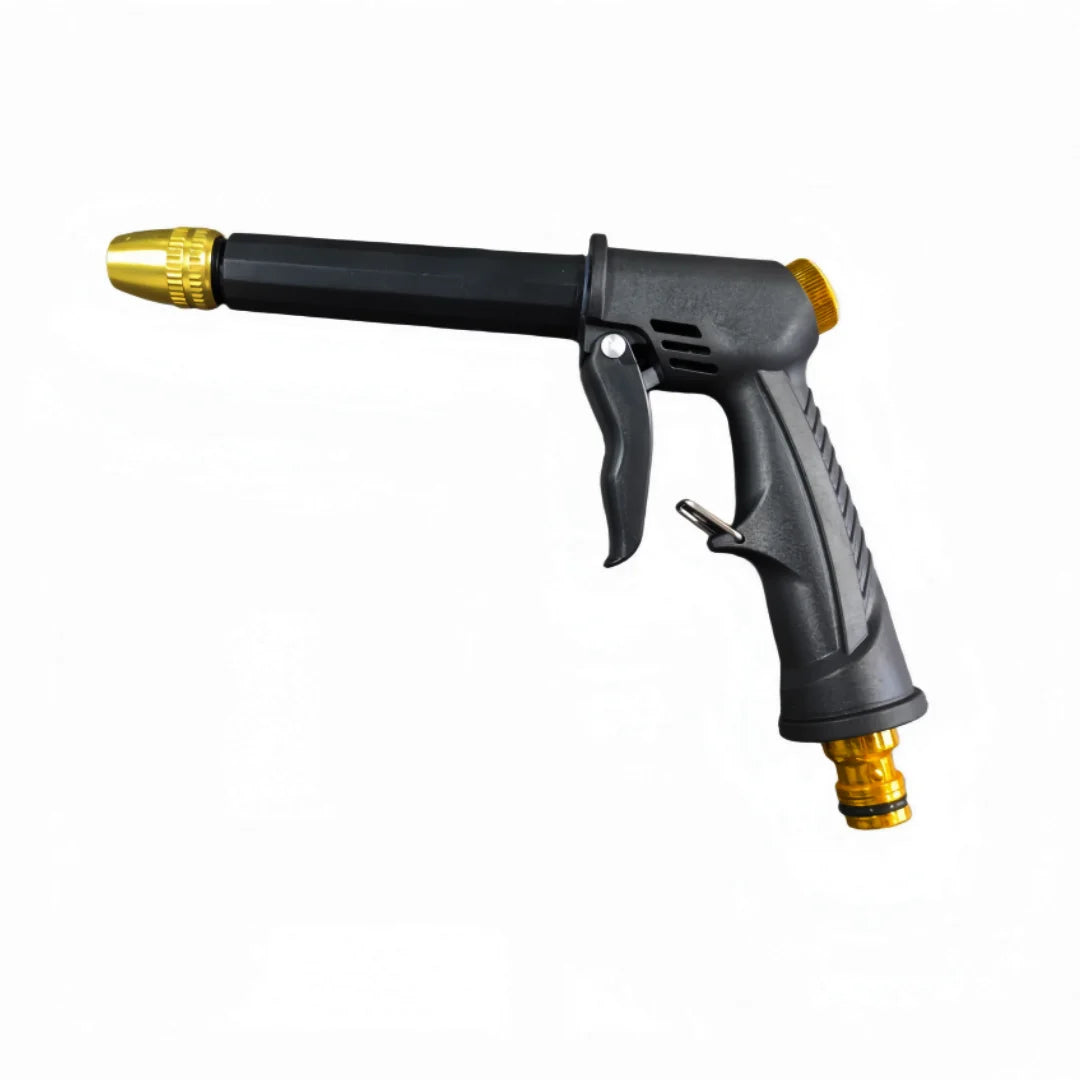 Black high-pressure car wash spray gun with a brass nozzle and grip.