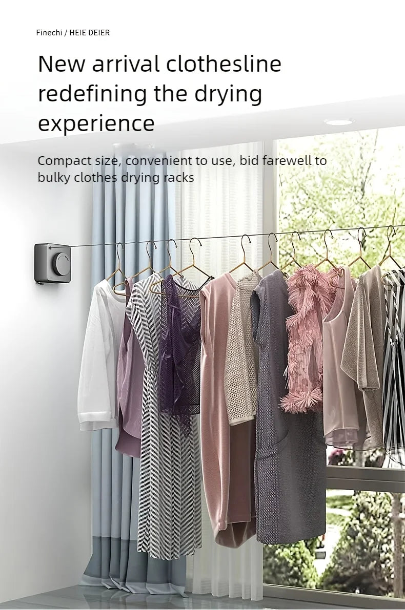 A new arrival clothesline is displayed, showing various garments hanging on a retractable line indoors.