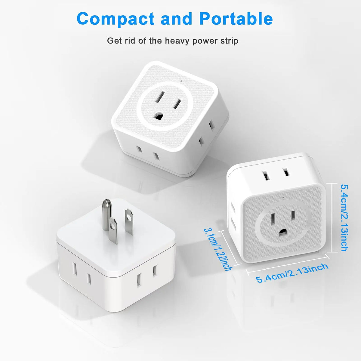 A white 5-outlet wall plug expander device shown from above and the side, highlighting its compact and portable design.