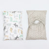 Two soft cotton baby pillowcases featuring various cartoon animal designs in pastel colors.