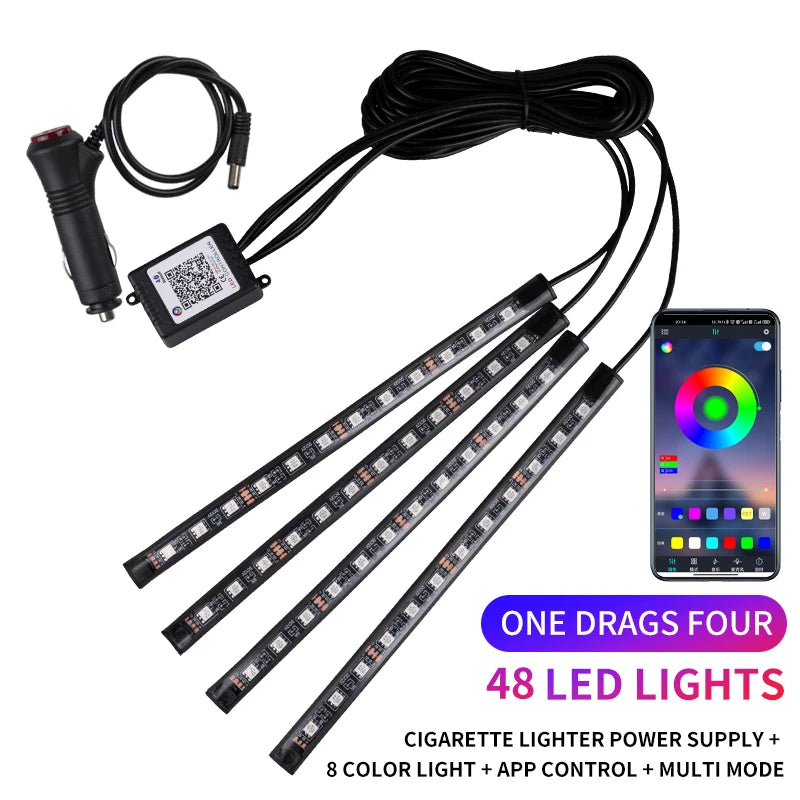 RGB LED car interior ambient light kit with remote control and power supply