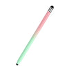 A dual-nib capacitive stylus pen with a pink and green gradient body shown diagonally.