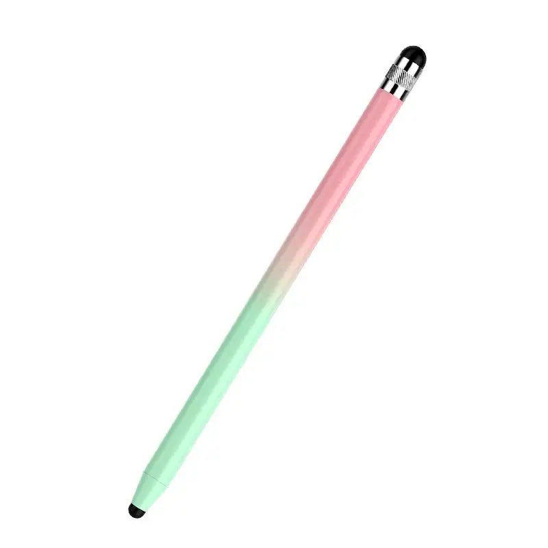 A dual-nib capacitive stylus pen with a pink and green gradient body shown diagonally.