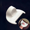 A white adjustable stitch tool for knitting and sewing is shown against a dark background, with a hand demonstrating its use.