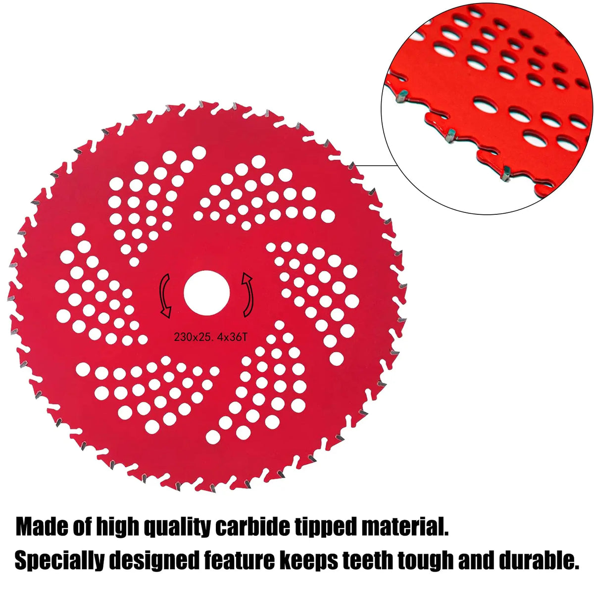 A red, 36-tooth carbide tipped brush cutter blade with serrated edges and numerous holes for durability.