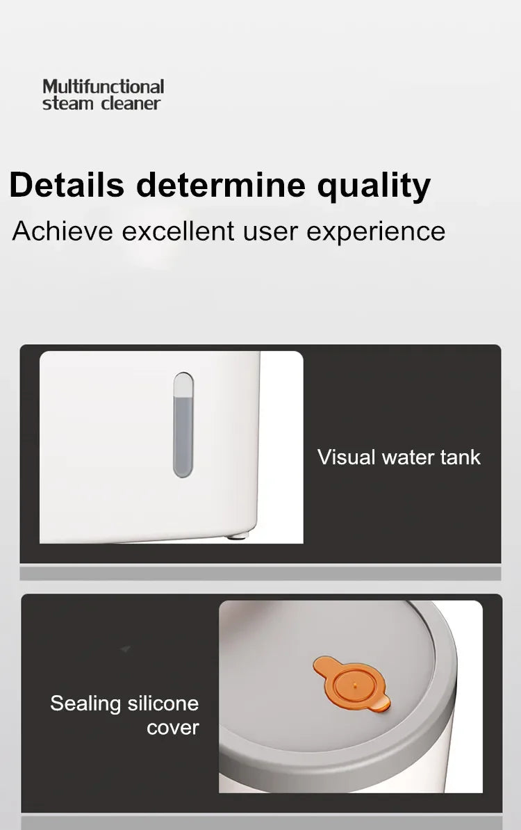 Close-up view of a white multifunctional steam cleaner showing the visual water tank and sealing silicone cover.