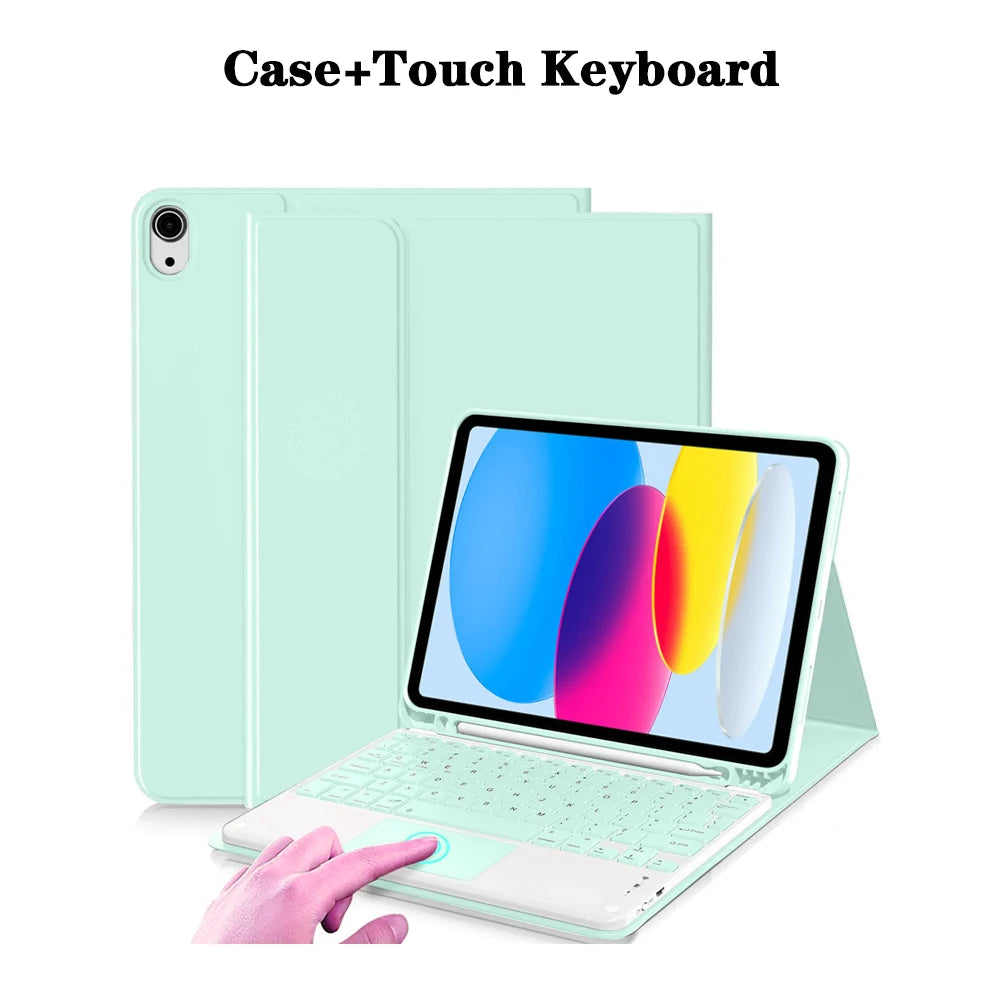 A light mint green case holding a tablet and a detachable wireless keyboard for use.