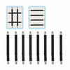 A set of four adjustable elastic bed sheet corner straps with black and white patterns.