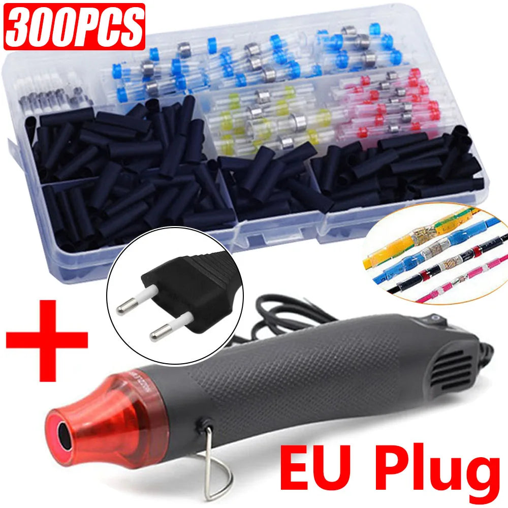 A kit of solder seal wire connectors and a heat gun with an EU plug.