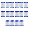 A set of twelve white cylindrical water purifier cartridges with blue caps and bases.
