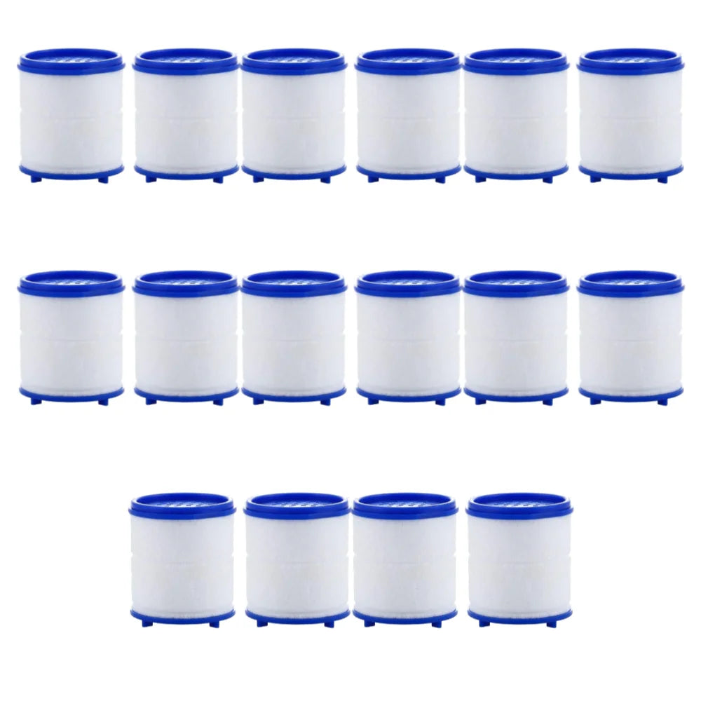 A set of twelve white cylindrical water purifier cartridges with blue caps and bases.
