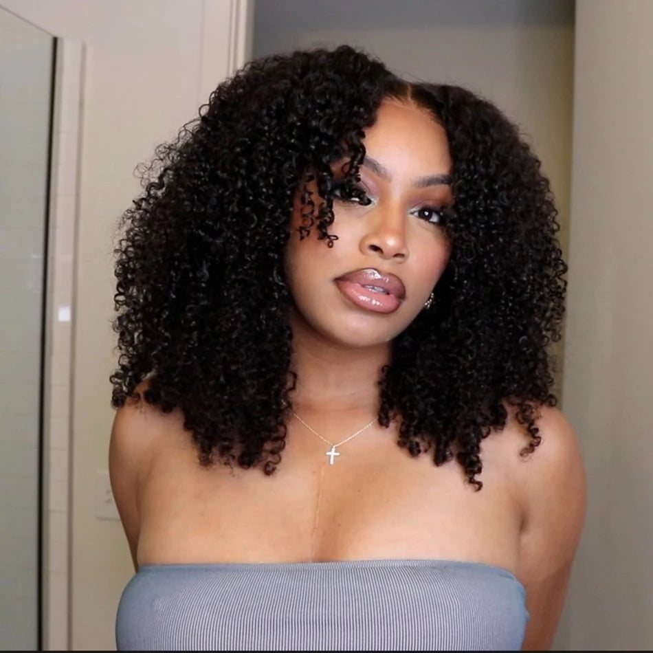 A close-up photo of a woman modeling a Kinky Curly Glueless HD Lace Wig