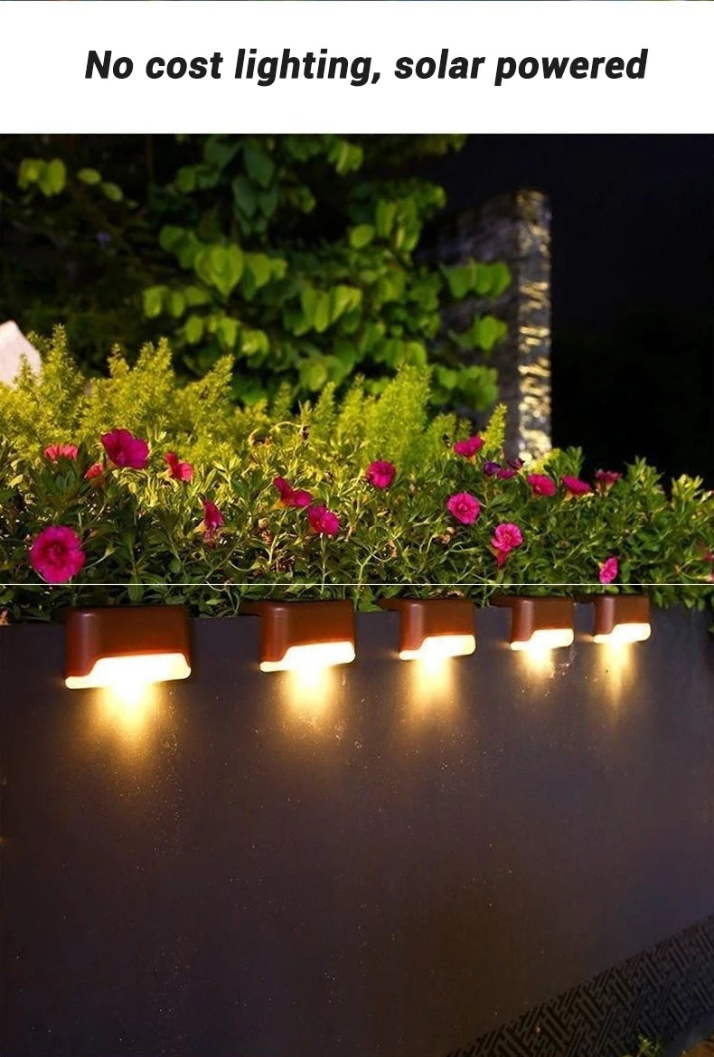 Solar powered LED step lights illuminating a garden border and flowers at night