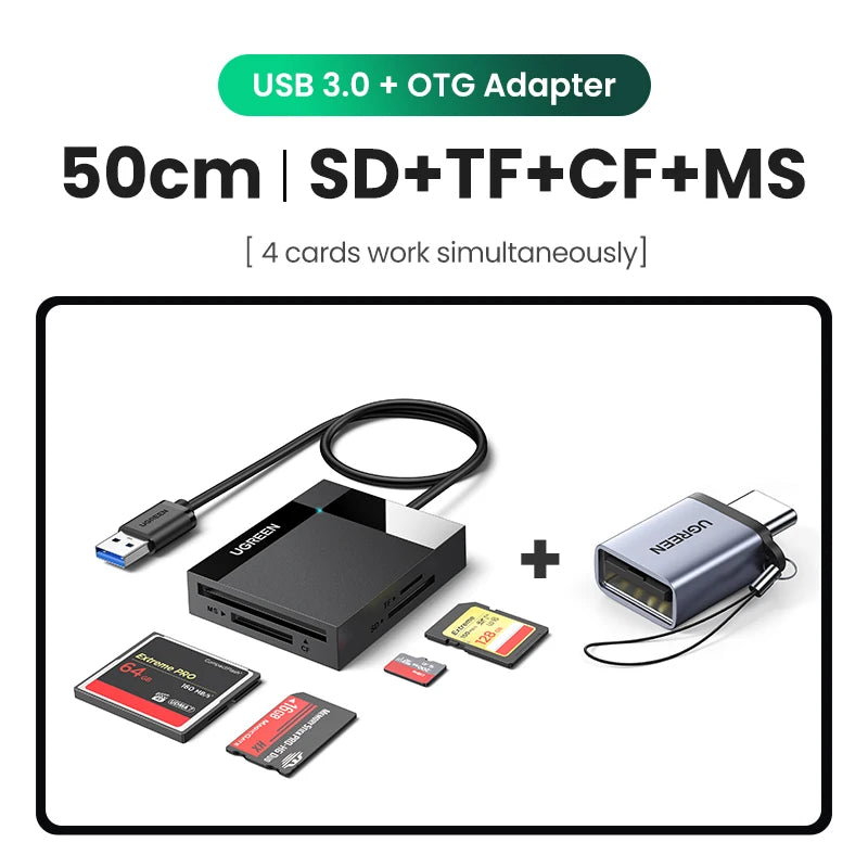 4-in-1 USB 3.0 Card Reader with USB-C Adapter