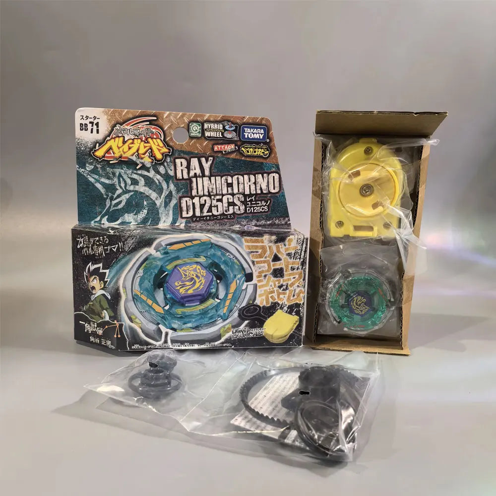 A set of metal spinning tops featuring a Ray Unicorn model and accessories in cardboard packaging.