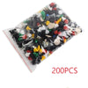 A clear plastic bag filled with a variety of black, white, red, yellow, and green plastic push-type automotive retainer clips