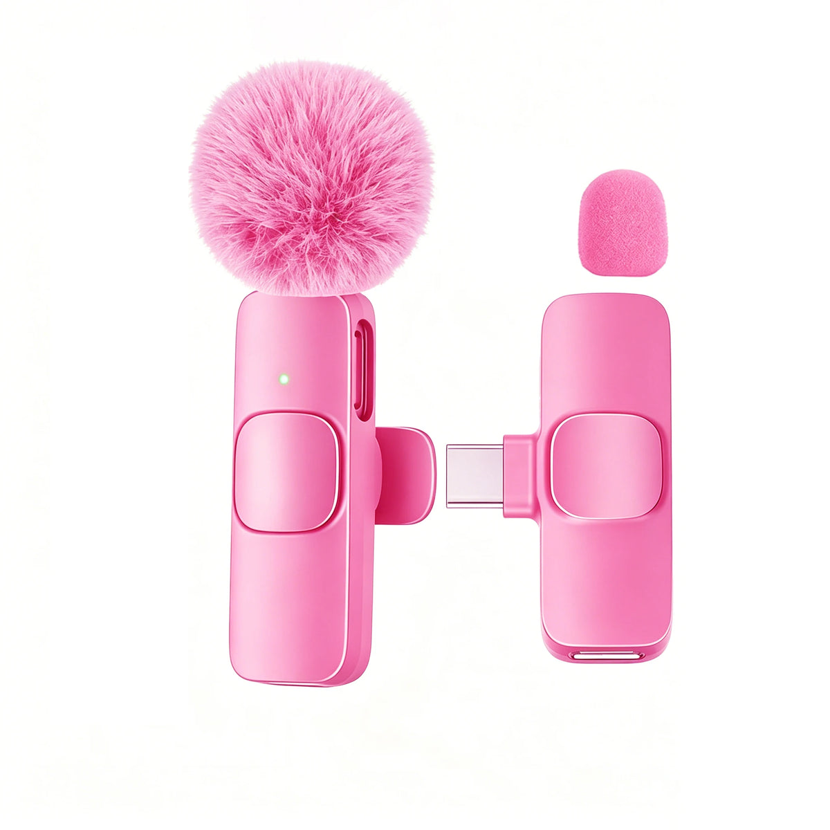 A pink USB-C wireless lavalier microphone with a fluffy pink foam windscreen and a rectangular body.