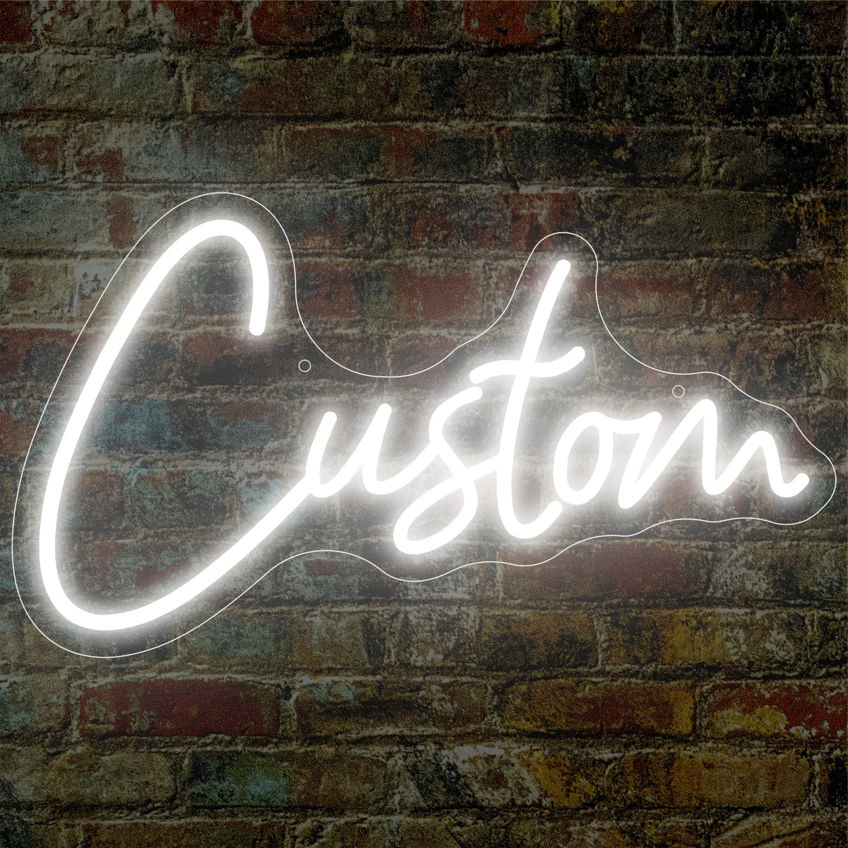 A glowing white neon sign spelling the word Custom is mounted on a textured brick wall.