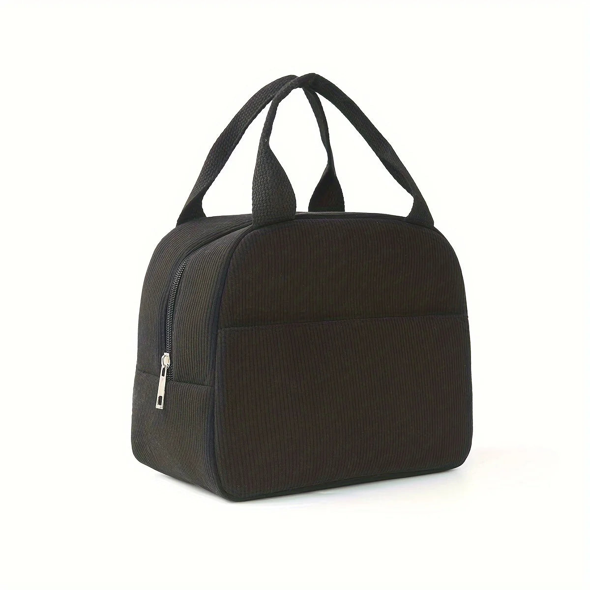 A dark brown corduroy insulated lunch bag with black fabric handles and a zipper pocket.