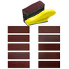 A set of precision sandpaper in various shades of brown and red, including a yellow grinder tool.