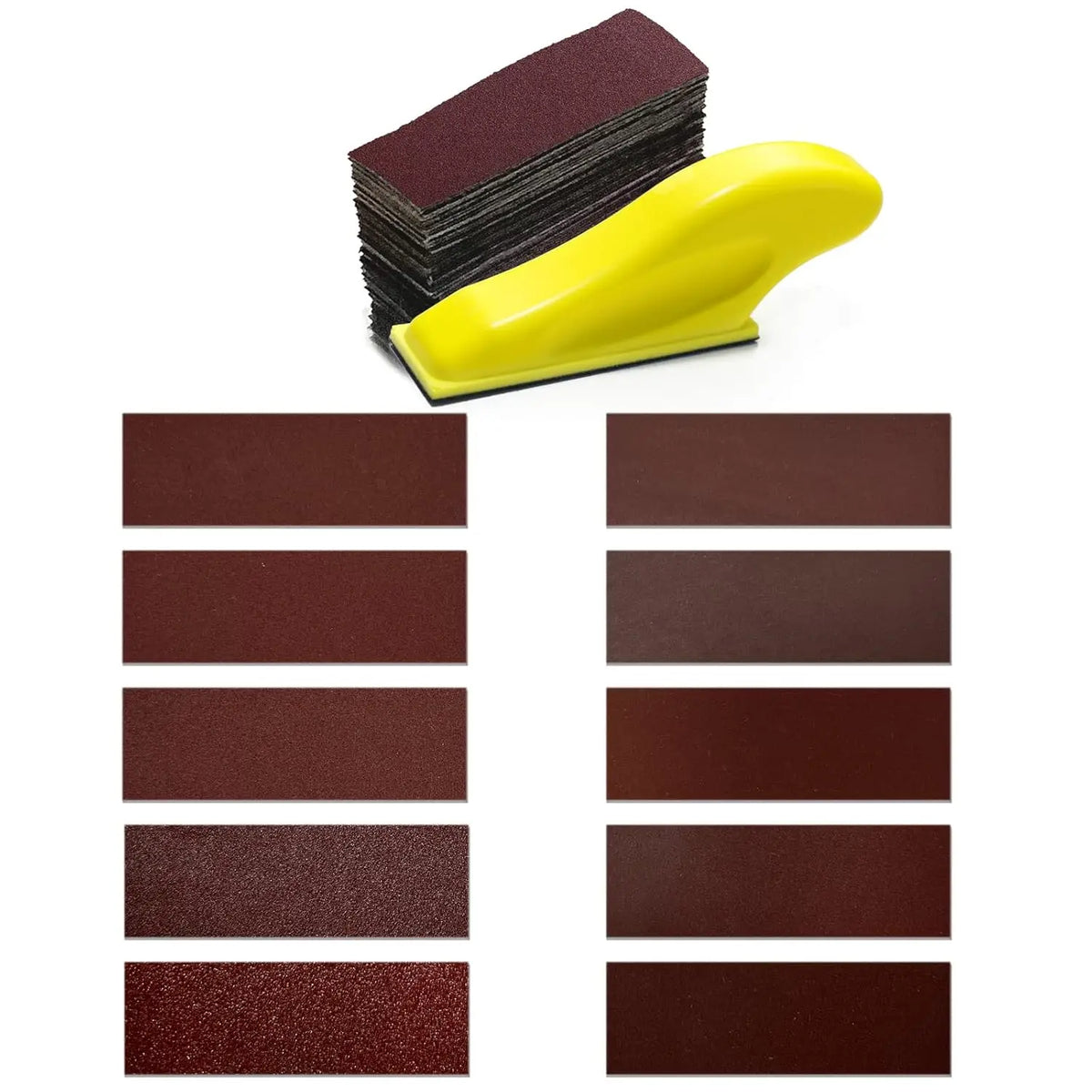 A set of precision sandpaper in various shades of brown and red, including a yellow grinder tool.