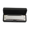 A black harmonica case with a silver harmonica inside.