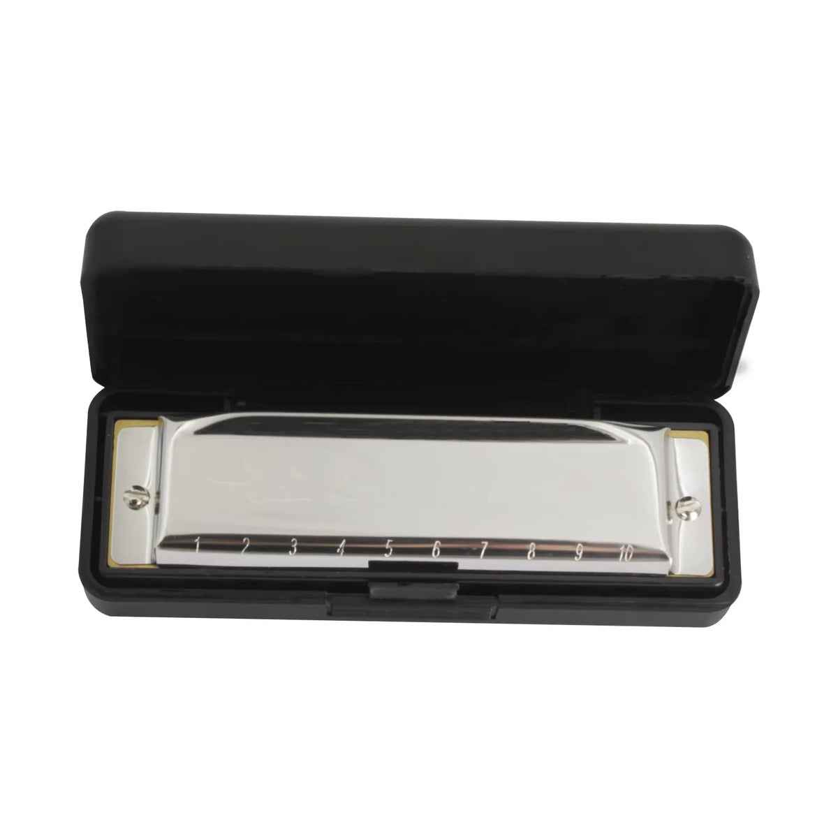 A black harmonica case with a silver harmonica inside.