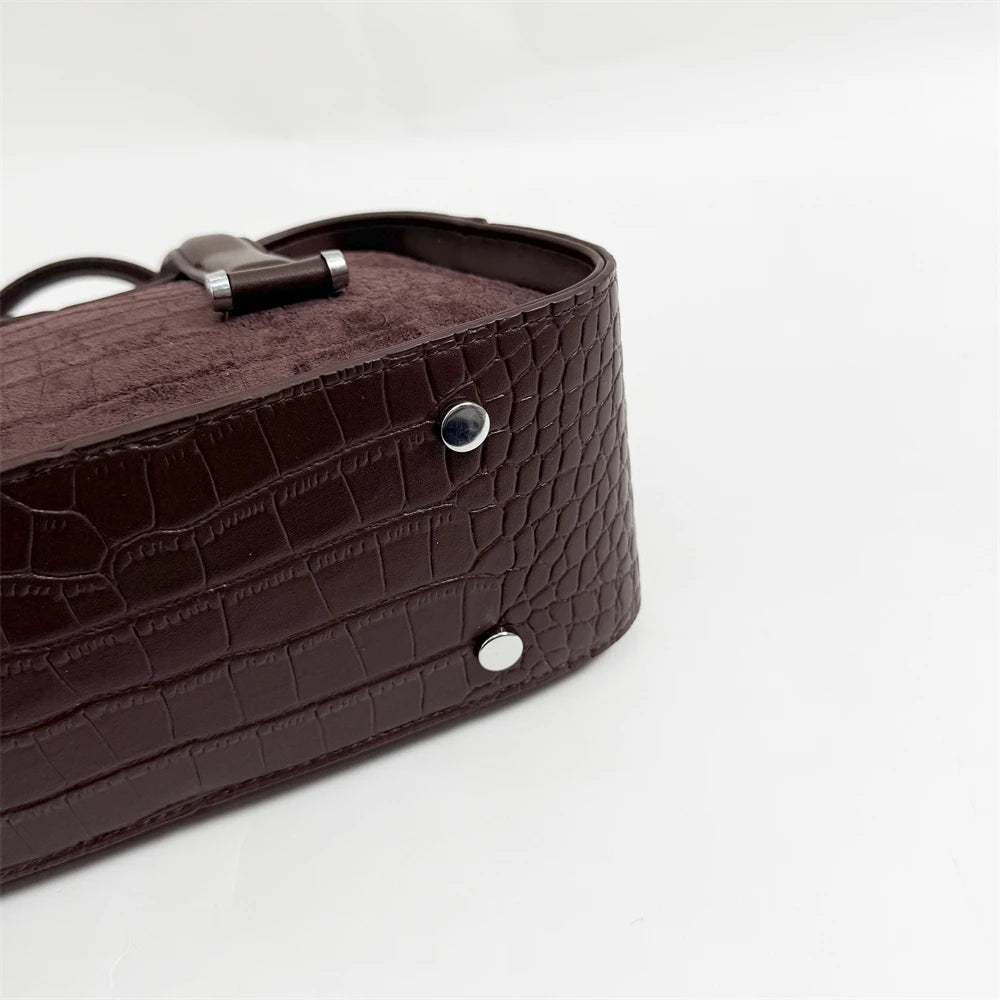 Vintage Croc-Embossed Mini Boston Bag with Dual Straps